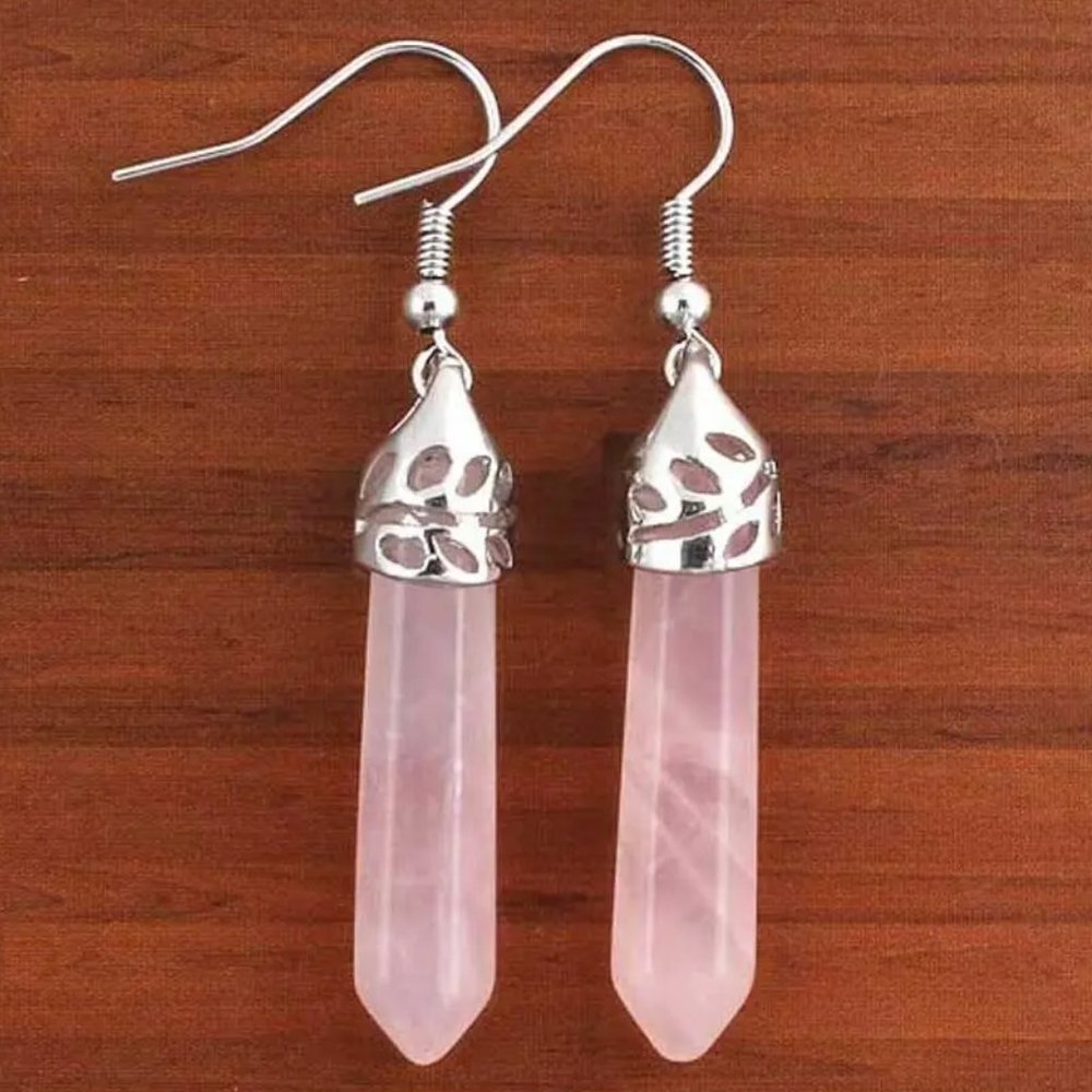 Rose Quartz Natural Stone Gemstone Hexagon Point Healing Stone Dangle Earrings